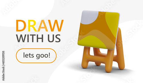 Colorful web page with 3d realistic easel and painting. Advertising poster for art school. Invitation to learn to draw in online studio. Vector illustration in yellow colors