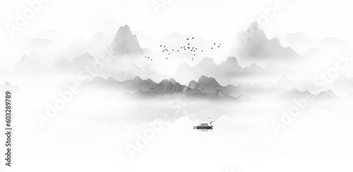 Chinese style ink and wash landscape painting scene illustration background © 心灵艺坊