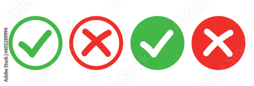 Green tick and red cross icon. Set of green tick and red cross approval icons in circle and square, flat tick approval icon, isolated tick symbols on white background, vector