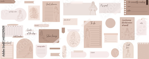 Digital note papers and stickers for digital bullet journaling or planning. Digital stickers for digital planner in minimal style.  Hand-drawn beautiful young girls, inspirational and motivational quo