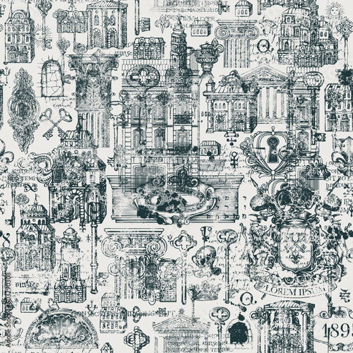Abstract grunge Seamless pattern on ancient architecture and art. Hand-drawn vector background with vintage buildings, architectural elements, coat of arms and old keys. Wallpaper, fabric