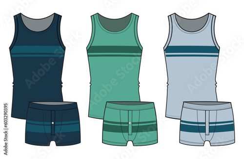 Men's Intimates Stripe Sleeveless T-shirt and Boxer  Color Set Fashion Illustration, Vector, CAD, Technical Drawing, Flat Drawing, Template, Mockup