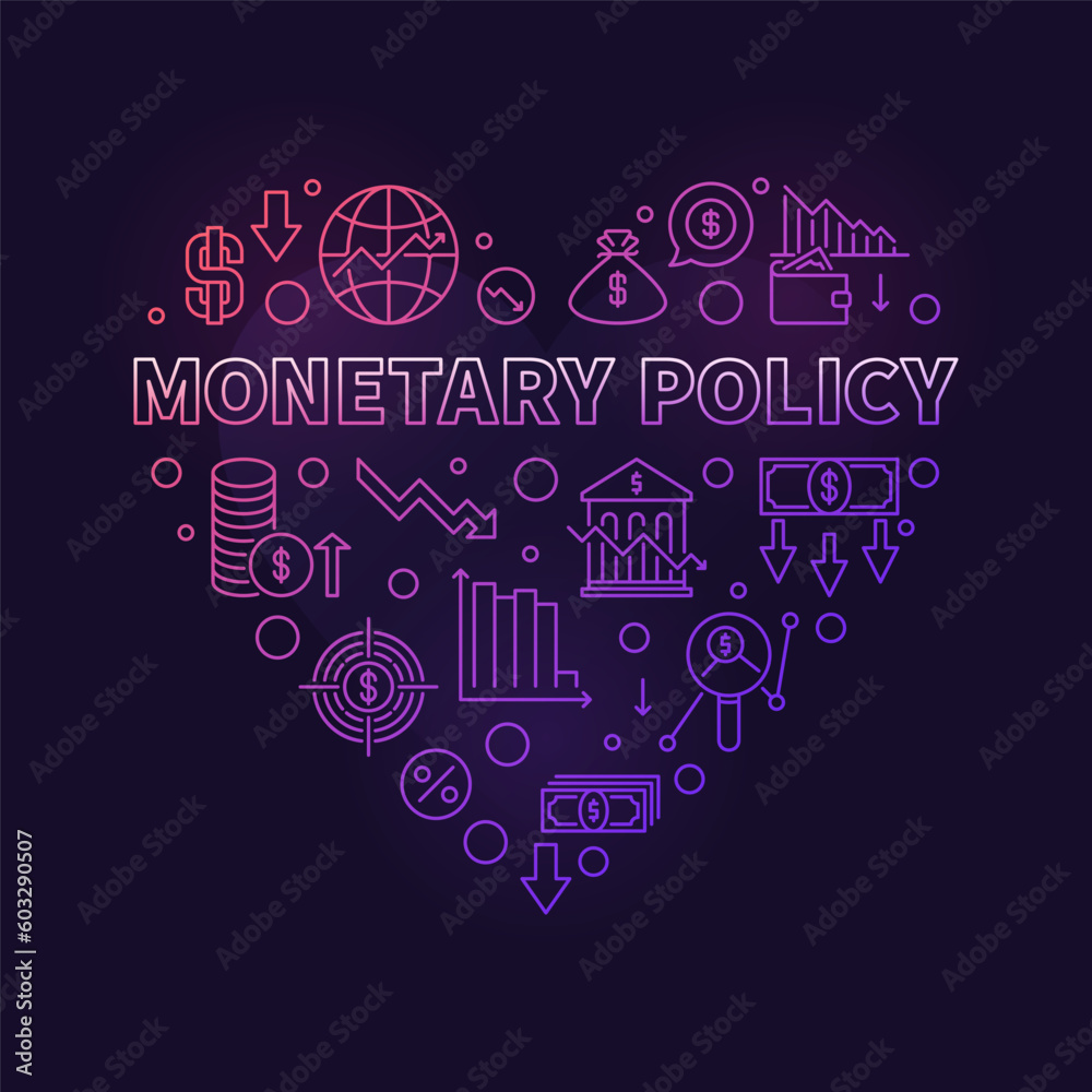 Monetary Policy heart shaped colored banner. Macroeconomics vector illustration