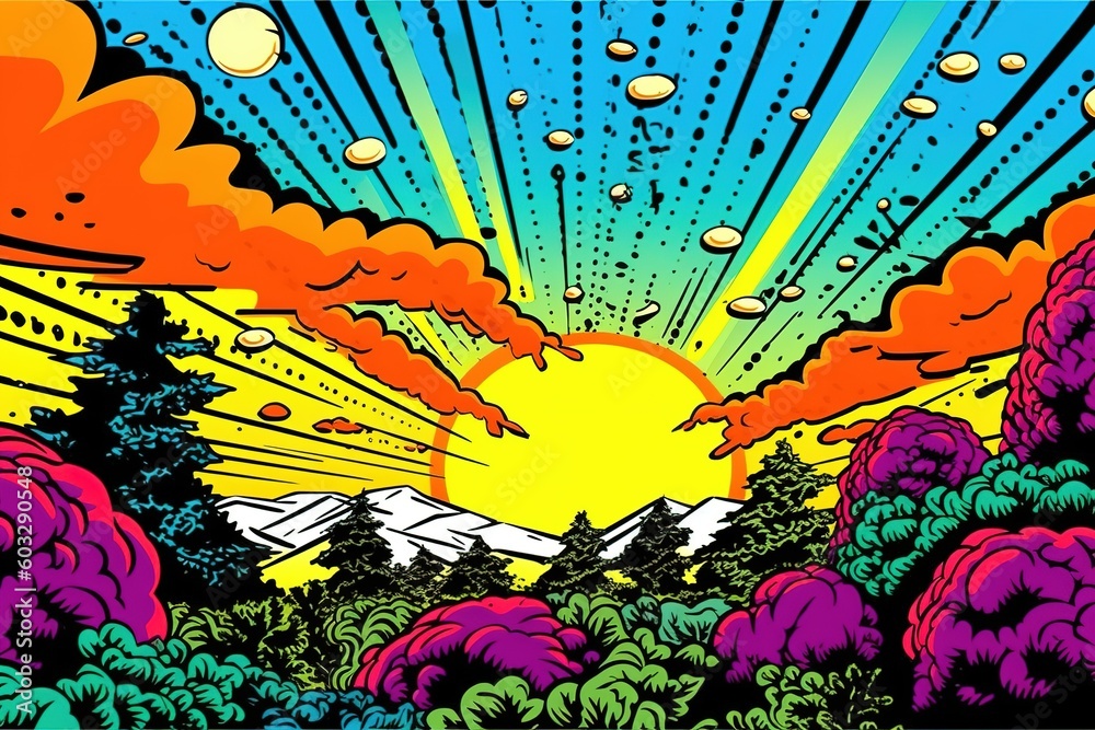 Landscape in comic pop art style illustration, generative ai