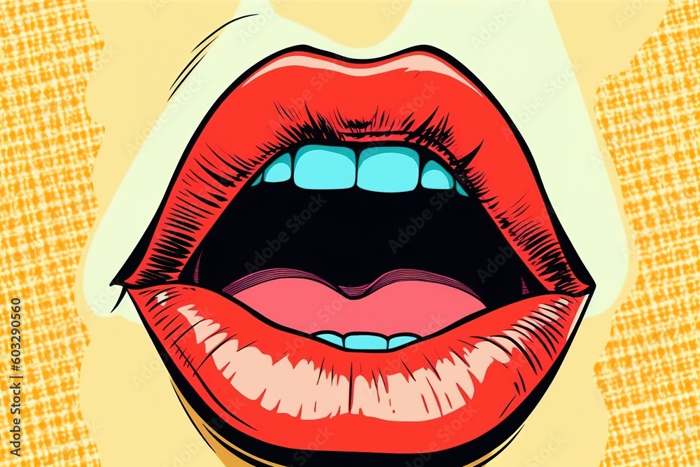 Woman red lips in comic pop art style illustration, generative ai