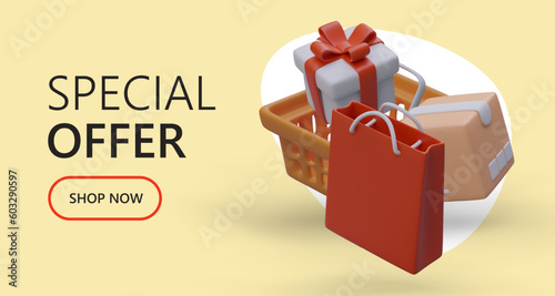 Grand promotion, special offer for customers. Time to get presents. Bonuses, surprises, free products for users. Temporary promotion, profitable offer. Advertising template with 3D elements