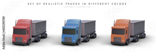Set of realistic trucks in different colors. Illustration for advertising logistics company. Transportation of large loads over long distances. Large car park