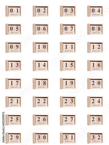 Wooden calendar, set of dates for the month of February 01-32, png on a transparent background, white, close-up.close-up photo