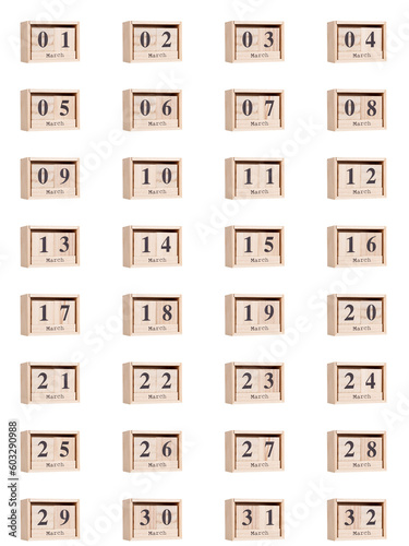 Wooden calendar, set of dates for the month of March 01-32, png on a transparent background, white, close-up. photo