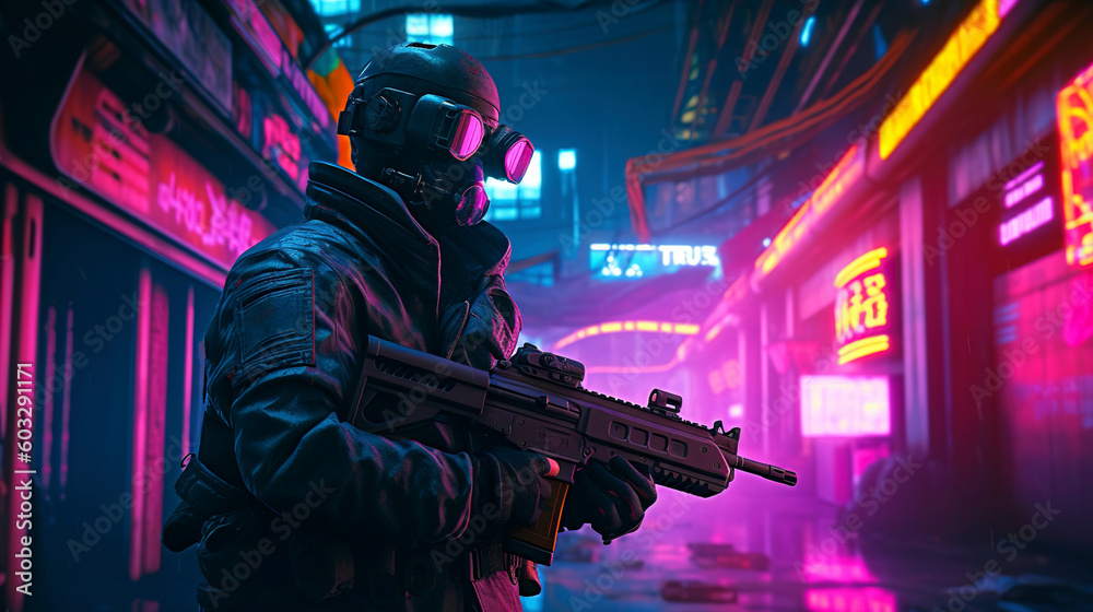 A futuristic cyberpunk soldier stands in a dark purple, neon-lit city street, generative ai