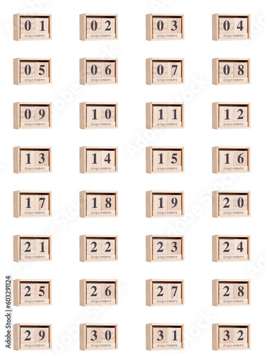 Wooden calendar, set of dates for the month of September 01-32, png on a transparent background, white, close-up photo