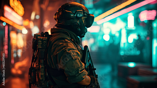 A soldier stands with a night vision helmet in a neon-lit city street at night, generative ai