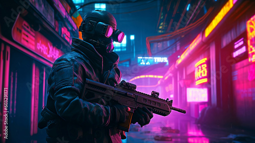 A futuristic cyberpunk soldier stands in a dark purple, neon-lit city street, generative ai