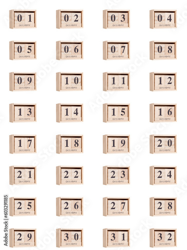 Wooden calendar, set of dates for the month of October 01-32, png on a transparent background, white, close-up photo