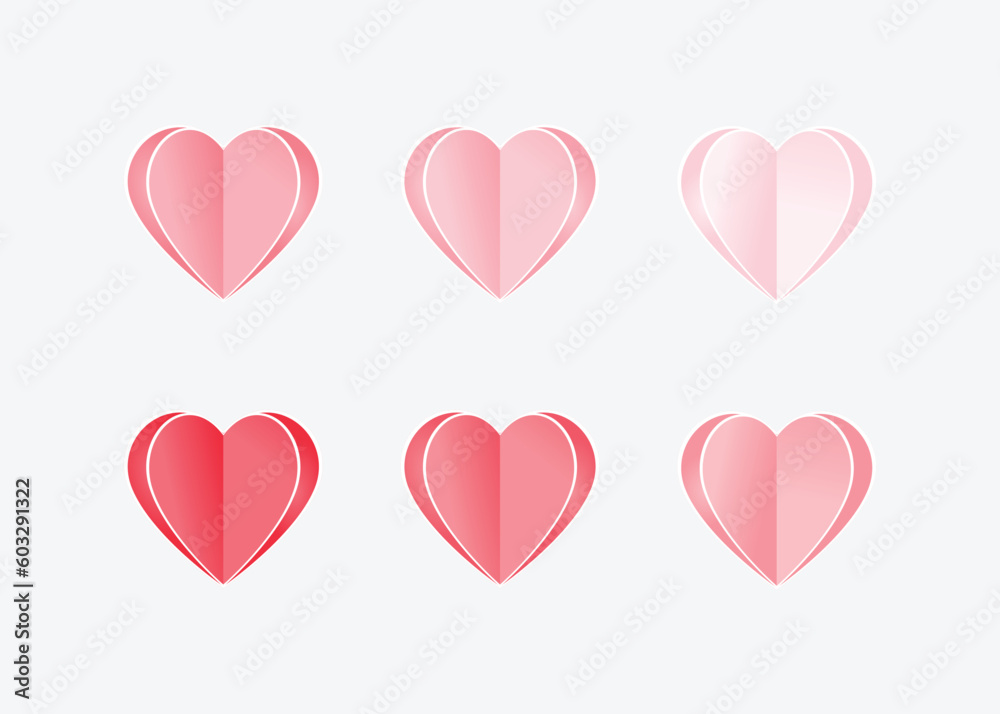 Paper love and heart rose pink and red gradient hearts set isolated on white background. love couple Vector illustration. Paper origami pastel love symbol