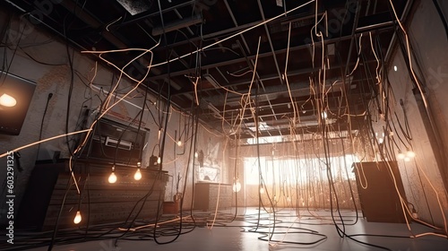 Empty warehouse space with variety of electrical cables, lamps. Ara under construction, repairing. AI generative art