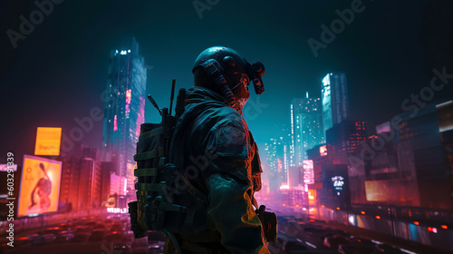 A special forces soldier stands in front of a neon-lit, cyberpunk-style city skyline at night, generative ai