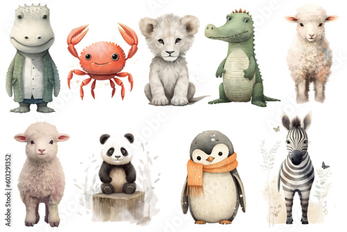 Watercolor set of Cute Baby crocodile, panda, lion, lamb, crab, penguin, sheep, zebra, alligator Safari Animals. Cartoon animal for decoration design © Mark