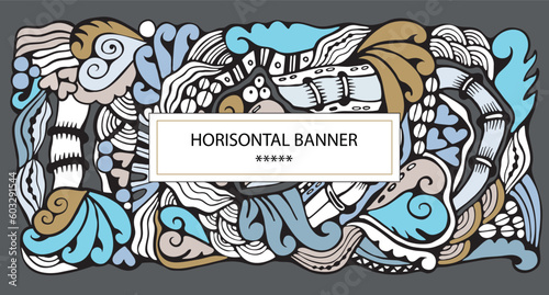 Cartoon doodle designe pattern. Detailed compositions with lot of flower, leaf and symbols. Horisontal banner. Template for card, invitation photo