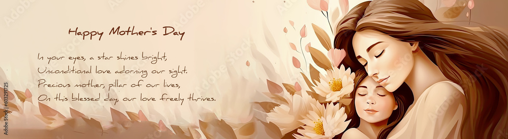 Mother's Day card, Happy Mother's Day, Happy Mother's Day, Poem card, flower, flower bouquet Illustration with AI