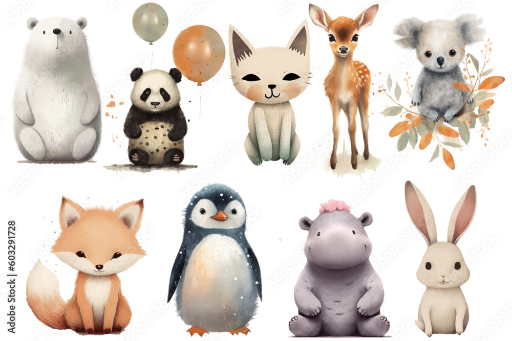 Watercolor set of Cute Baby cat, bear, deer, fox, rabbit, penguin, koala, panda, hippo Safari Animals. Cartoon animal for decoration design. Cute animals vector set. Hand-drawn watercolor illustration Watercolor set of Cute Baby cat, bear, deer, fox, rabbit, penguin, koala, panda, hippo Safari Animals. Cartoon animal for decoration design. Cute animals vector set. Hand-drawn watercolor illustration