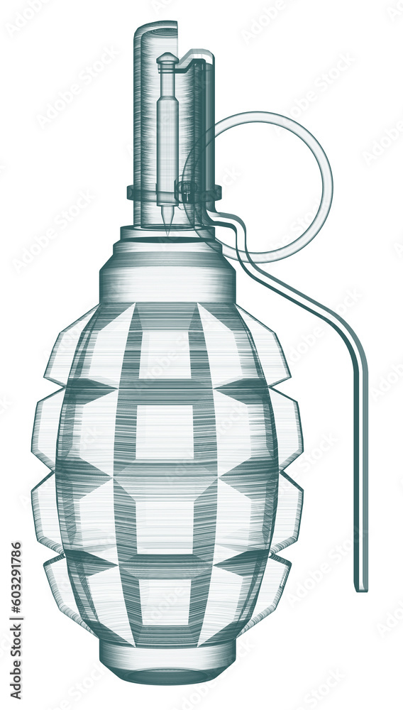 The Soviet F-1 hand grenade illustration in hologram style