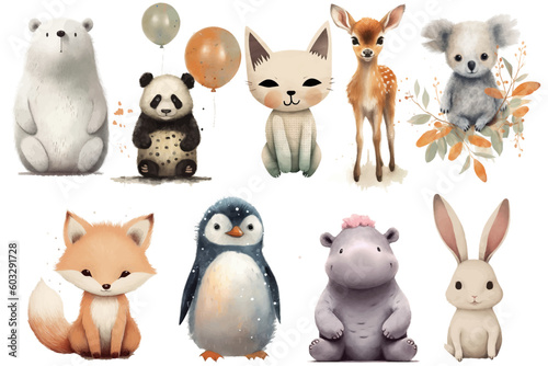 Watercolor set of Cute Baby cat, bear, deer, fox, rabbit, penguin, koala, panda, hippo Safari Animals. Cartoon animal for decoration design. Cute animals vector set. Hand-drawn watercolor illustration