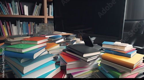 Close up of computer with black screen on table full of pile of colored books. Study in the library, educational concept. AI generative