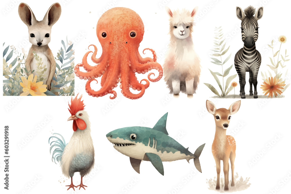 Watercolor set of Cute Baby deer, zebra, shark, rooster, octopus, kangaroo, lama, zebra Safari Animals. Cartoon animal for decoration design.