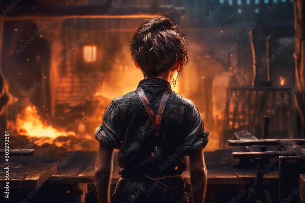 Blacksmith child fire work forge. Generate Ai Blacksmith child fire work forge. Generate Ai