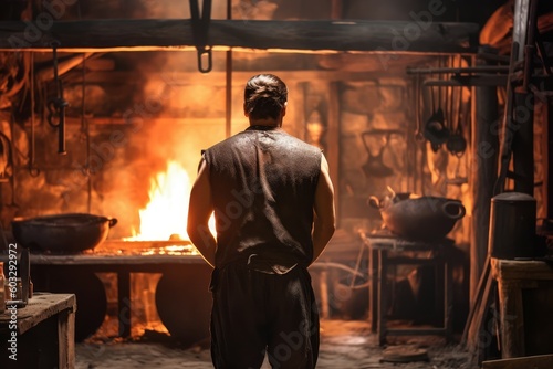 Blacksmith man fire work forge. Generate Ai