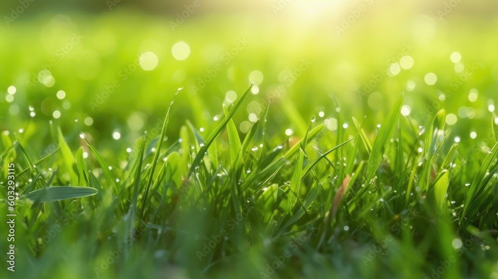 Natural green background of young juicy grass in sunlight with beautiful bokeh. Lush grass close-up in nature outdoors, wide format with copy space. Generative AI