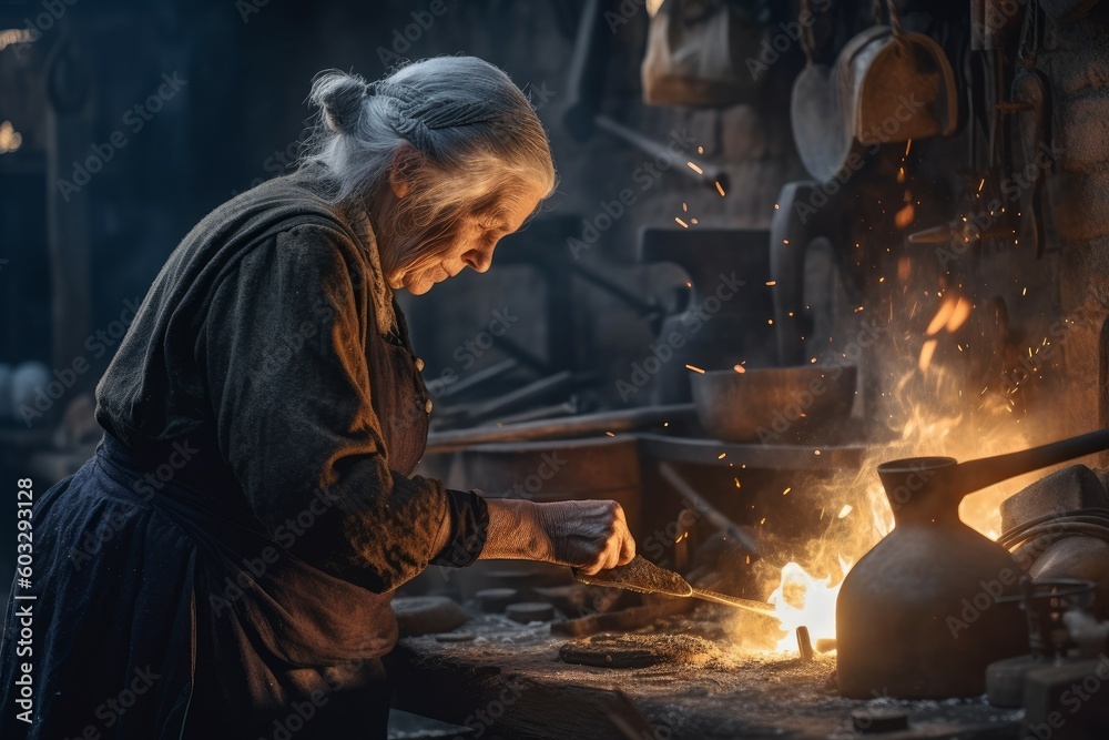 Blacksmith old woman work forge. Generate Ai
