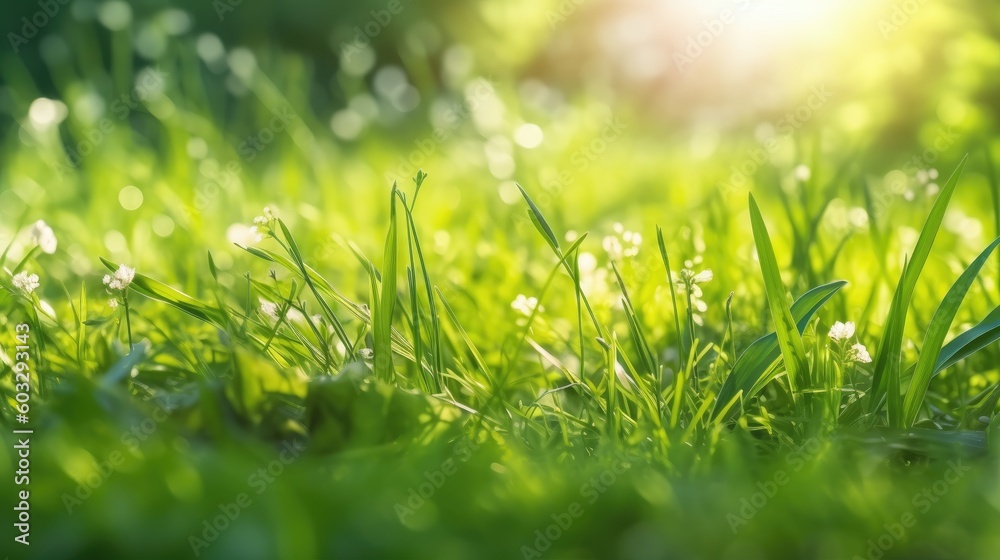 Natural green background of young juicy grass in sunlight with beautiful bokeh. Lush grass close-up in nature outdoors, wide format with copy space. Generative AI