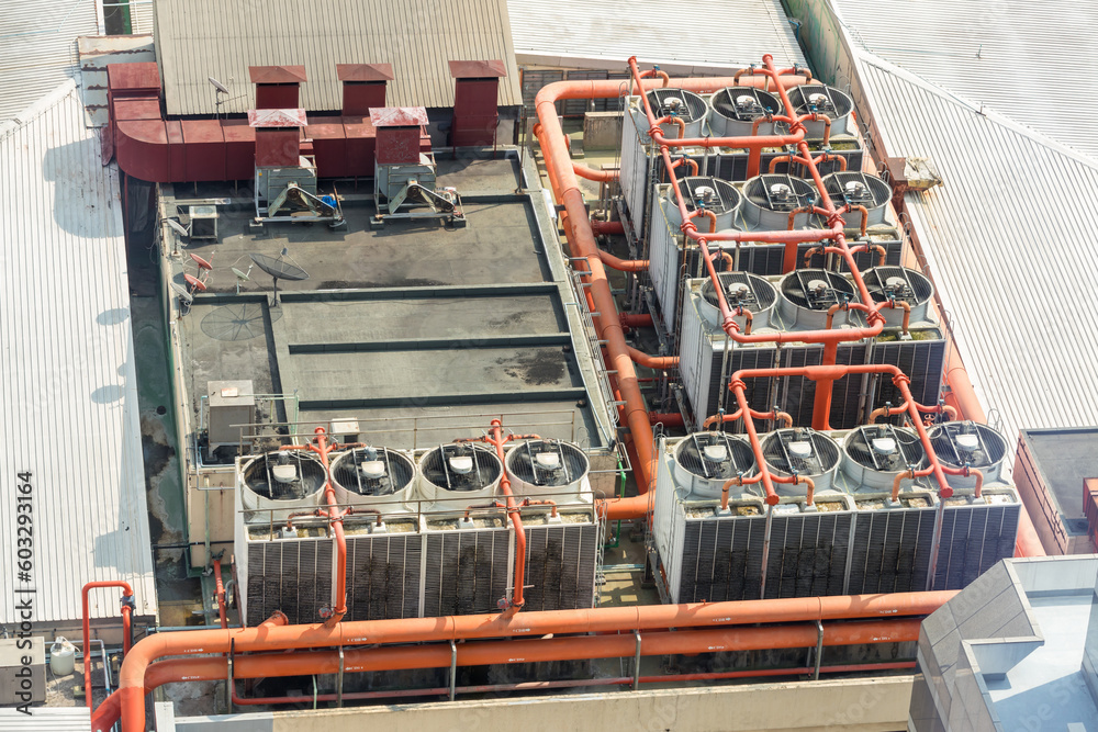 Cooling towers in data center building. Air conditioning cooling towers