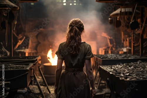 Blacksmith woman flame forge. Generate Ai