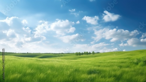 Panoramic natural landscape with green grass field and blue sky with clouds with curved horizon line. Panorama summer spring meadow.. Generative AI