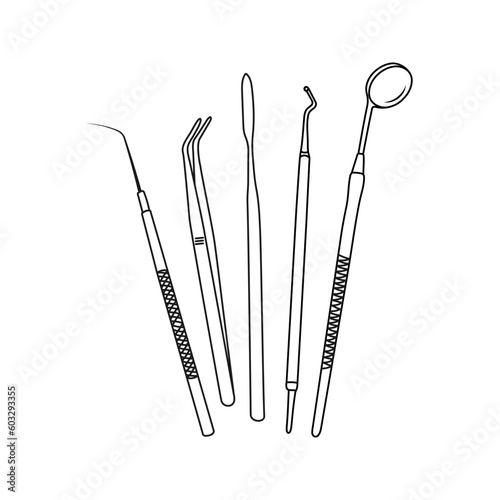 Dental instruments. Line art drawing. Set of dental tools. Dental health care. Hand drawn vector illustration.