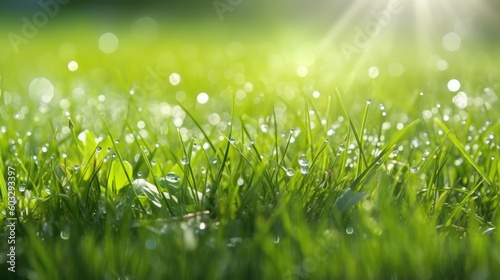 Juicy lush green grass on meadow with drops of water dew in morning light in spring summer outdoors close-up macro  panorama. Beautiful artistic image of purity and freshness of nature. Generative AI