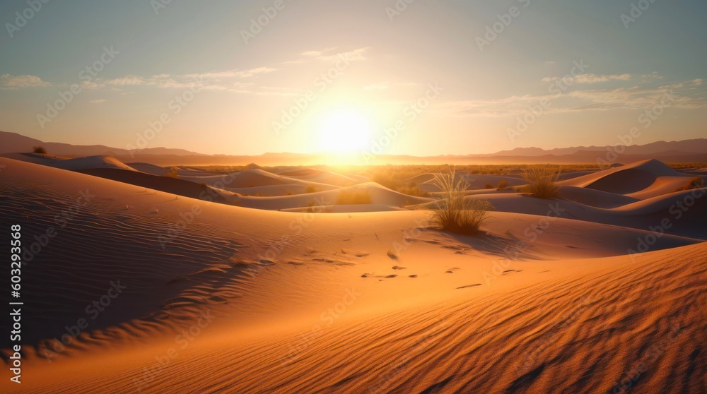 Sunset in the sandy desert. Amazing landscape of sand dunes under the scorching setting sun. Generative AI.
