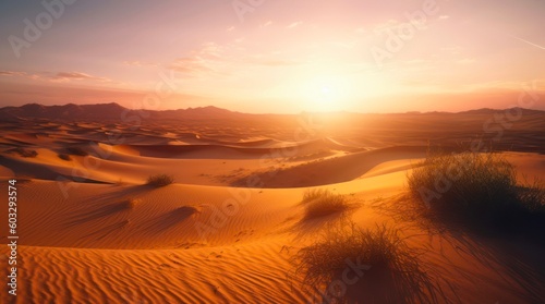 Sunrise in the sandy desert. Amazing landscape of sand dunes under the scorching rising sun. Generative AI.