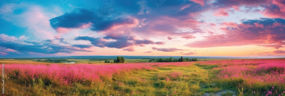 Stunning colorful landscape. Yellow field of flowering on background blue sky with pink scattered cumulus clouds during summer sunrise or sunset. Natural wallpaper, panorama. Generative AI