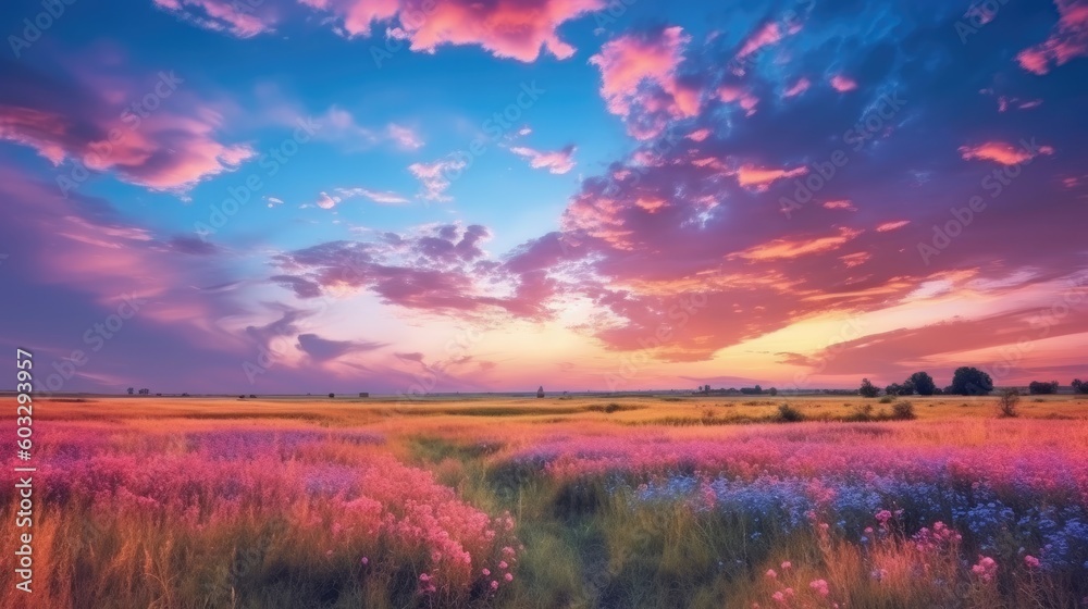 Stunning colorful landscape. Yellow field of flowering on background blue sky with pink scattered cumulus clouds during summer sunrise or sunset. Natural wallpaper, panorama. Generative AI