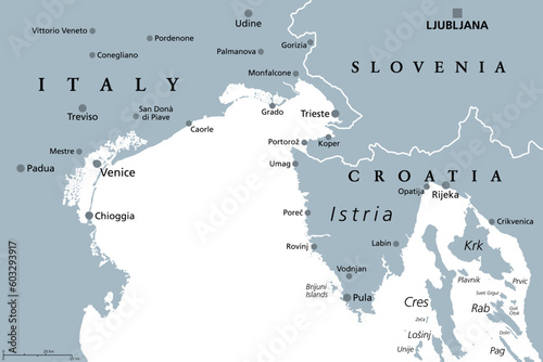 Gulf of Venice, gray political map. A bay of water in the northern Adriatic Sea, limited by the Po delta and Venetian Lagoon in Italy, and the Istrian Peninsula in Croatia, also bordered by Slovenia.