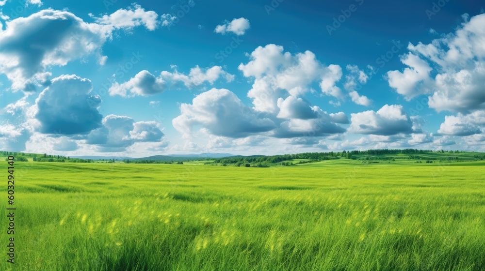 Panoramic natural landscape with green grass field and blue sky with clouds with curved horizon line. Panorama summer spring meadow.. Generative AI