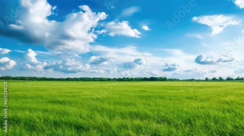 Panoramic natural landscape with green grass field and blue sky with clouds with curved horizon line. Panorama summer spring meadow.. Generative AI