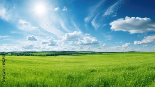 Panoramic natural landscape with green grass field and blue sky with clouds with curved horizon line. Panorama summer spring meadow.. Generative AI