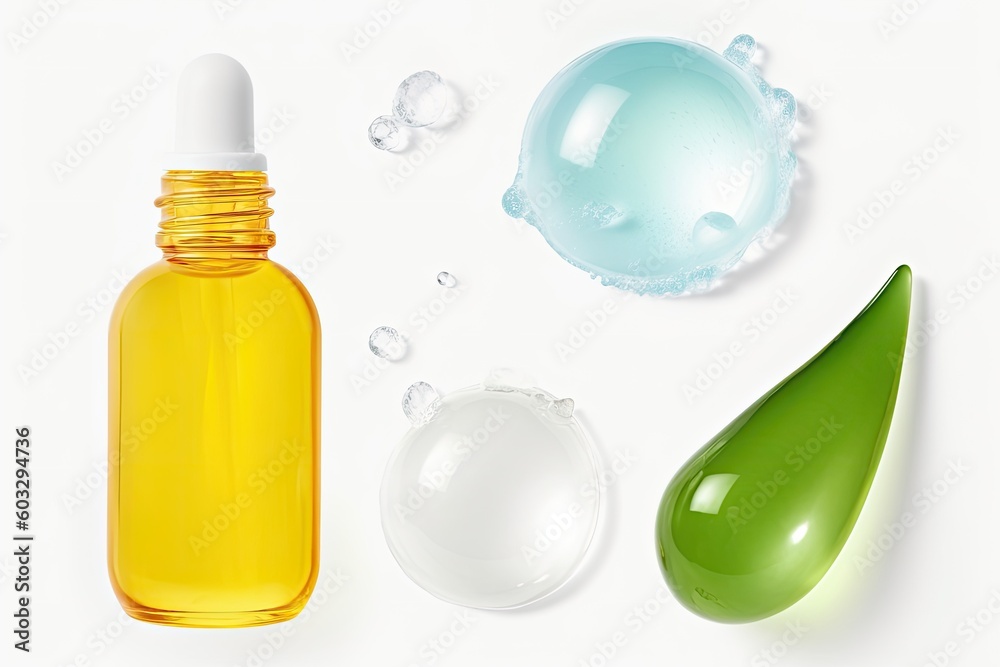 Set of different cosmetic liquid on a white background. Generative AI Set of different cosmetic liquid on a white background. Generative AI