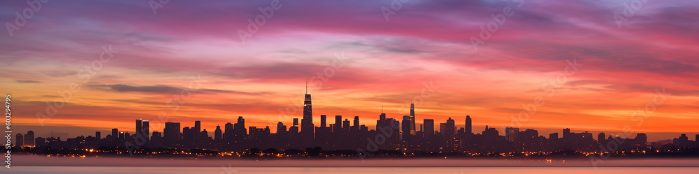 Fototapeta premium extreme wide angle of a multi colored sky and skyline at dawn in soft, muted pastel colors pink and blue