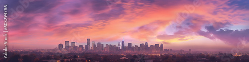 extreme wide angle of a multi colored sky and skyline at dawn in soft  muted pastel colors pink and blue